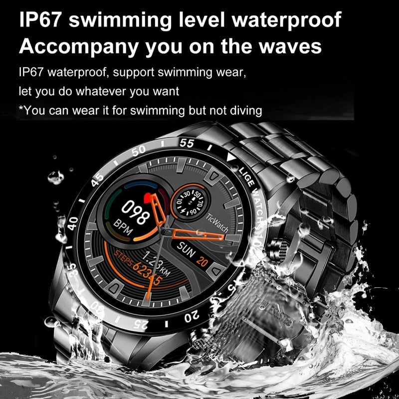 Relógio LIGE 2022 Full Circle Touch Screen Steel Band Luxury Bluetooth Call Men Smart Watch Waterproof Sport Activity Fitness Watch+Box